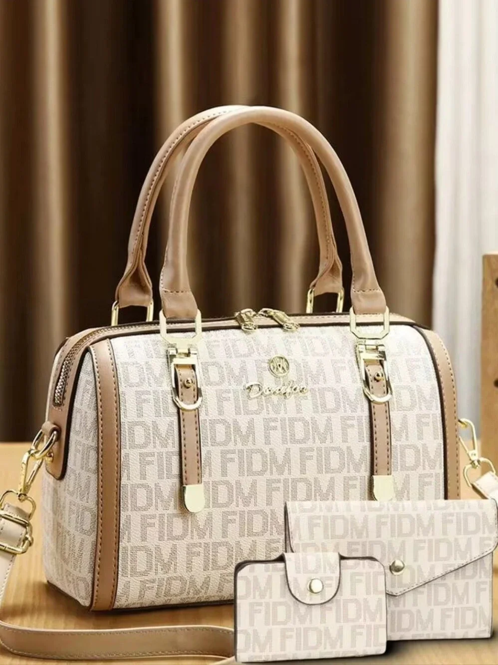Beige Logo-Print Women’s Satchel and Wallet Set 3pcs Set Women's Fashion printed